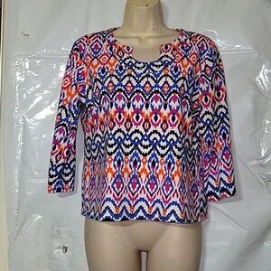 Ruby Rd Petite Top Colorful Print 3/4 Sleeve Notch Neck Blouse‎ PM